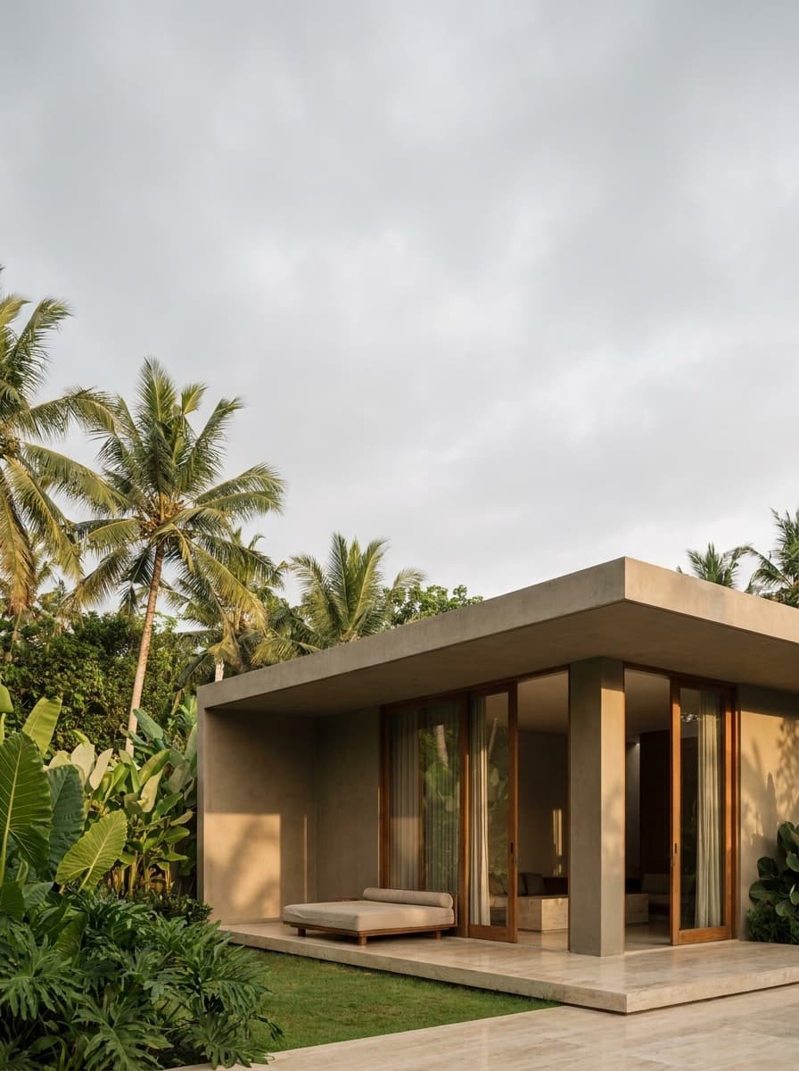 Modern NGH villa exterior surrounded by tropical greenery
