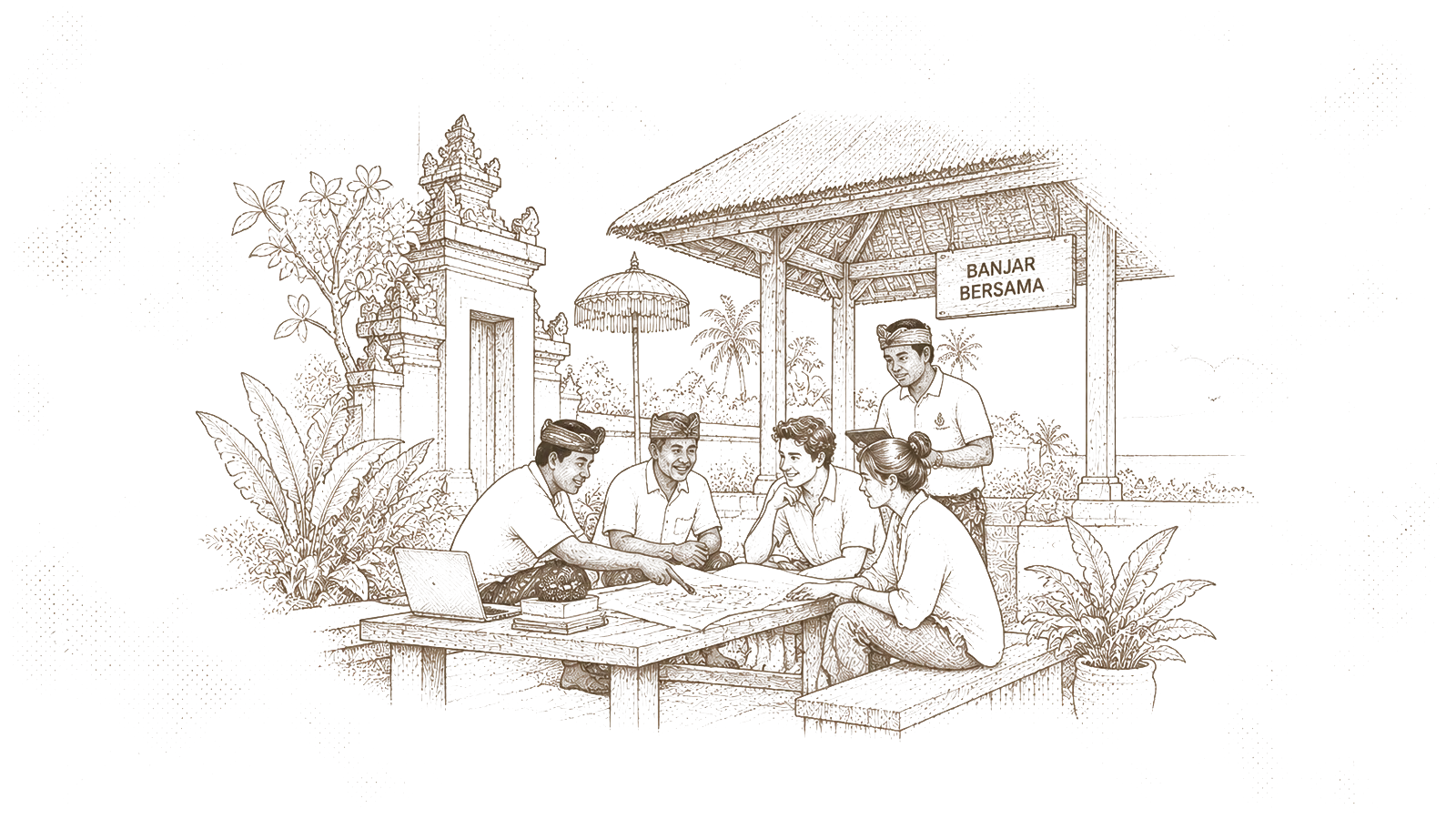 A meeting at the banjar pavilion over drawings and a laptop