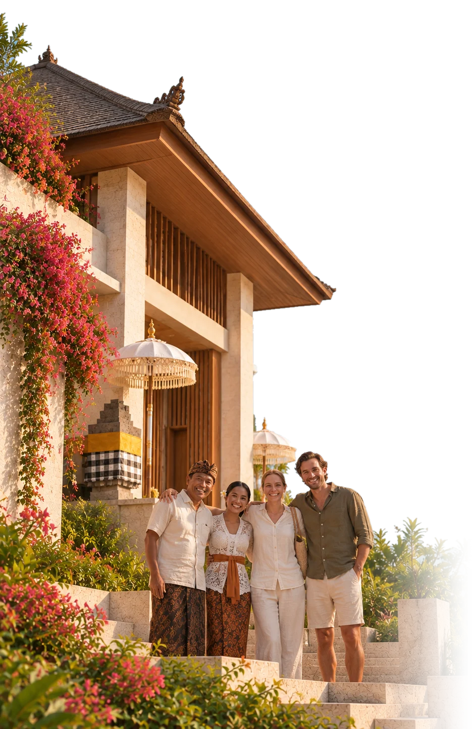 A Balinese pavilion with bougainvillea, and four people together on its steps