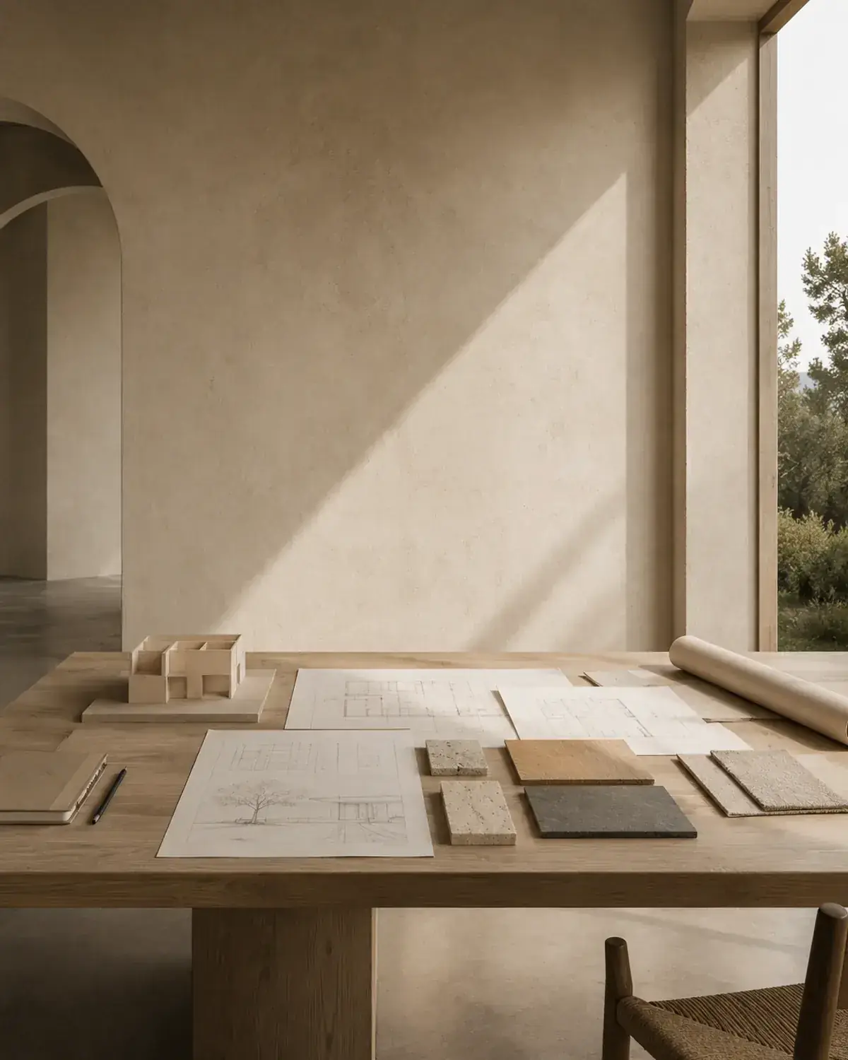 Architectural drawings and material samples on a studio table