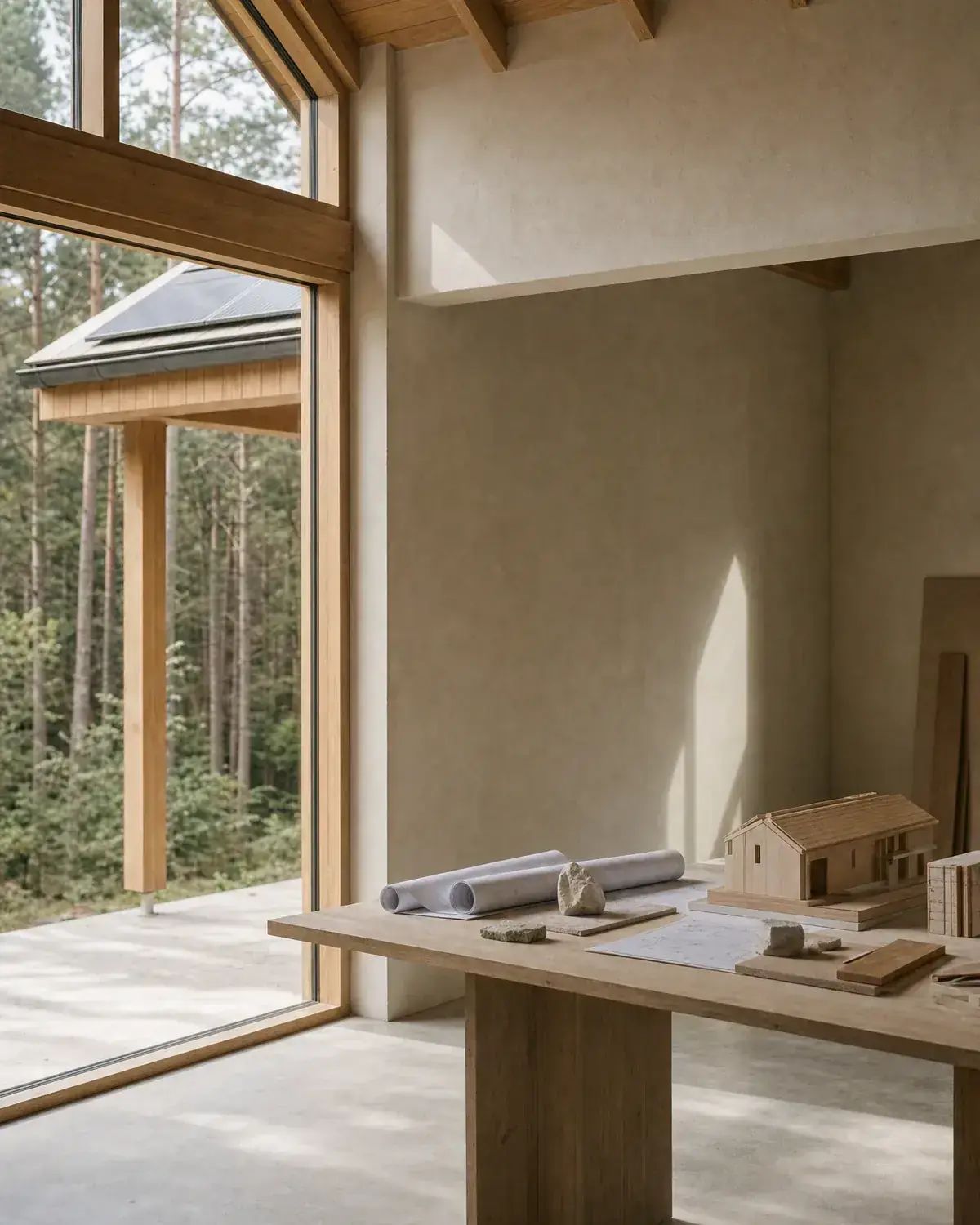 A timber-framed house studio with a model on the table