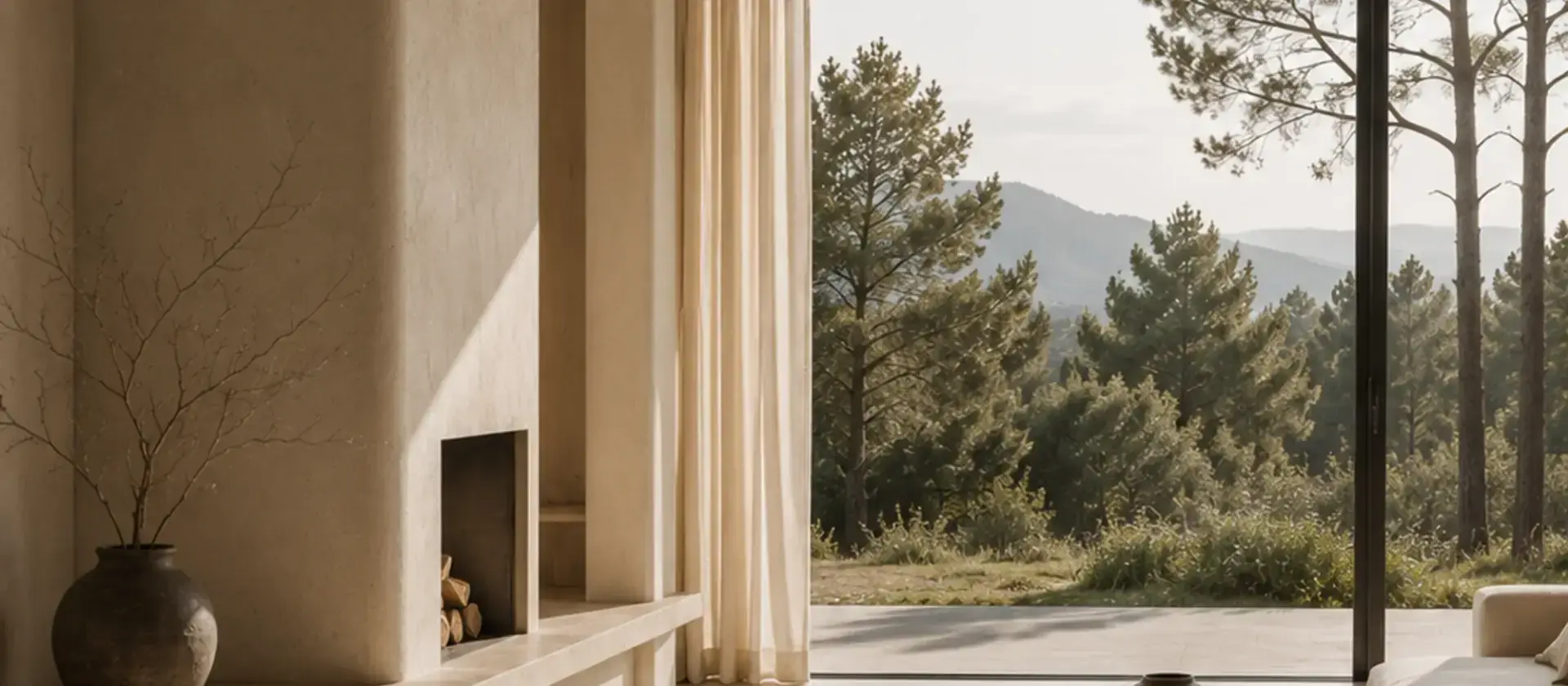 A finished living room opening onto the hills