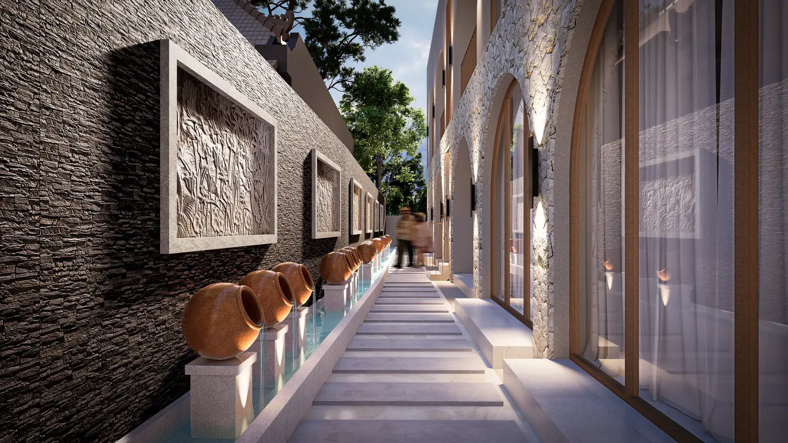 Water-feature alley with stone reliefs and clay pots