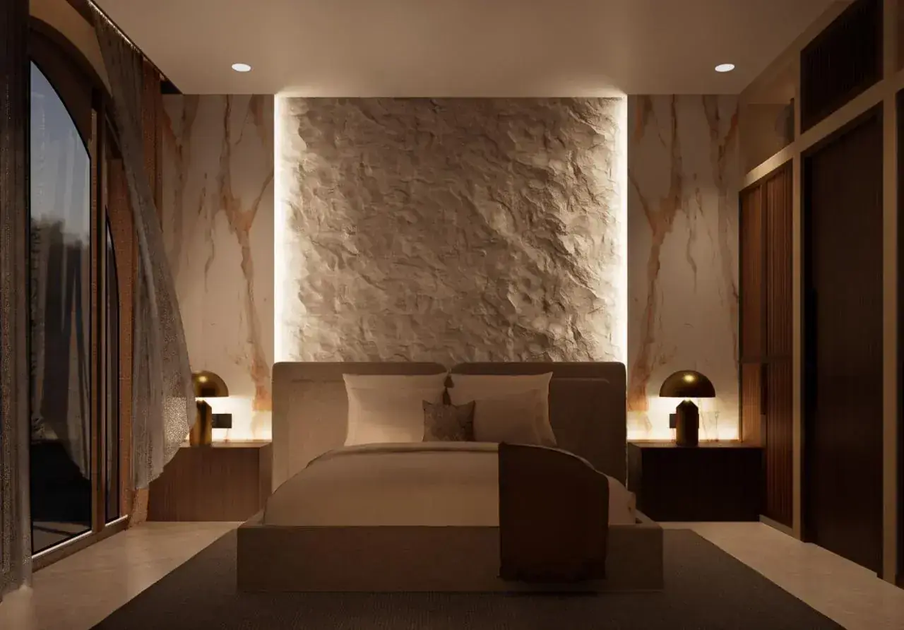 Bedroom with backlit stone accent wall