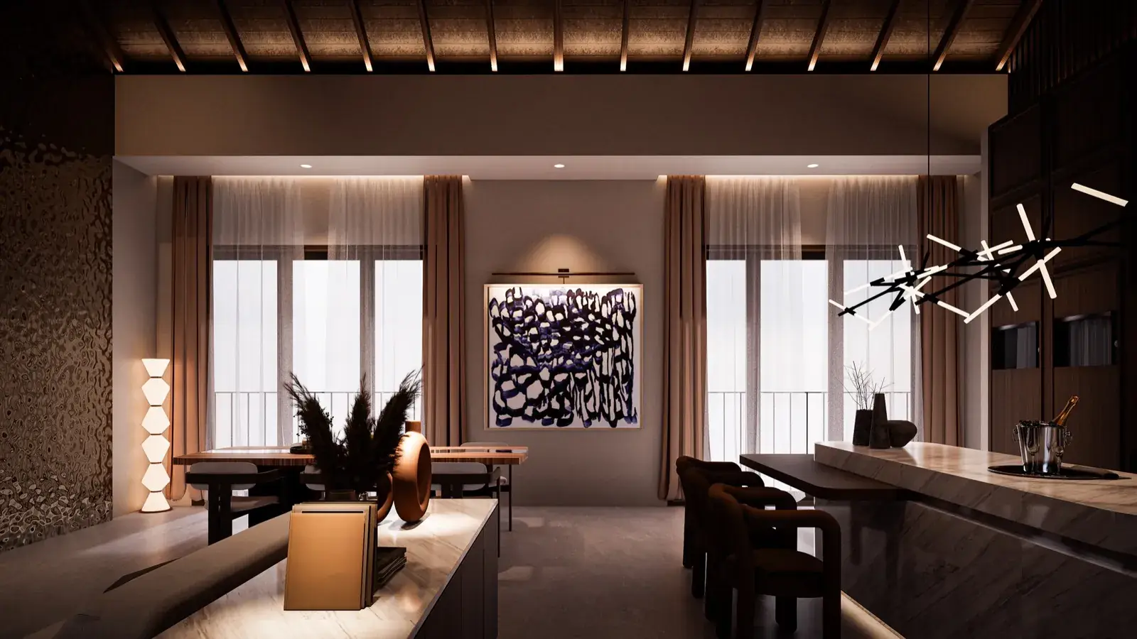 Penthouse dining and bar with abstract art