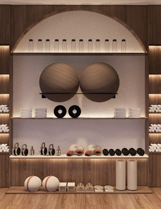 Gym equipment wall with arched shelving