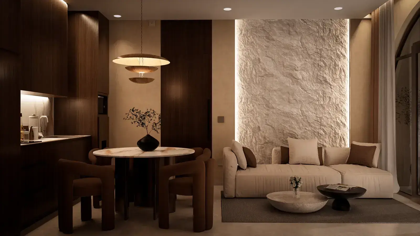 Living room with lit stone accent wall and boucle sofa