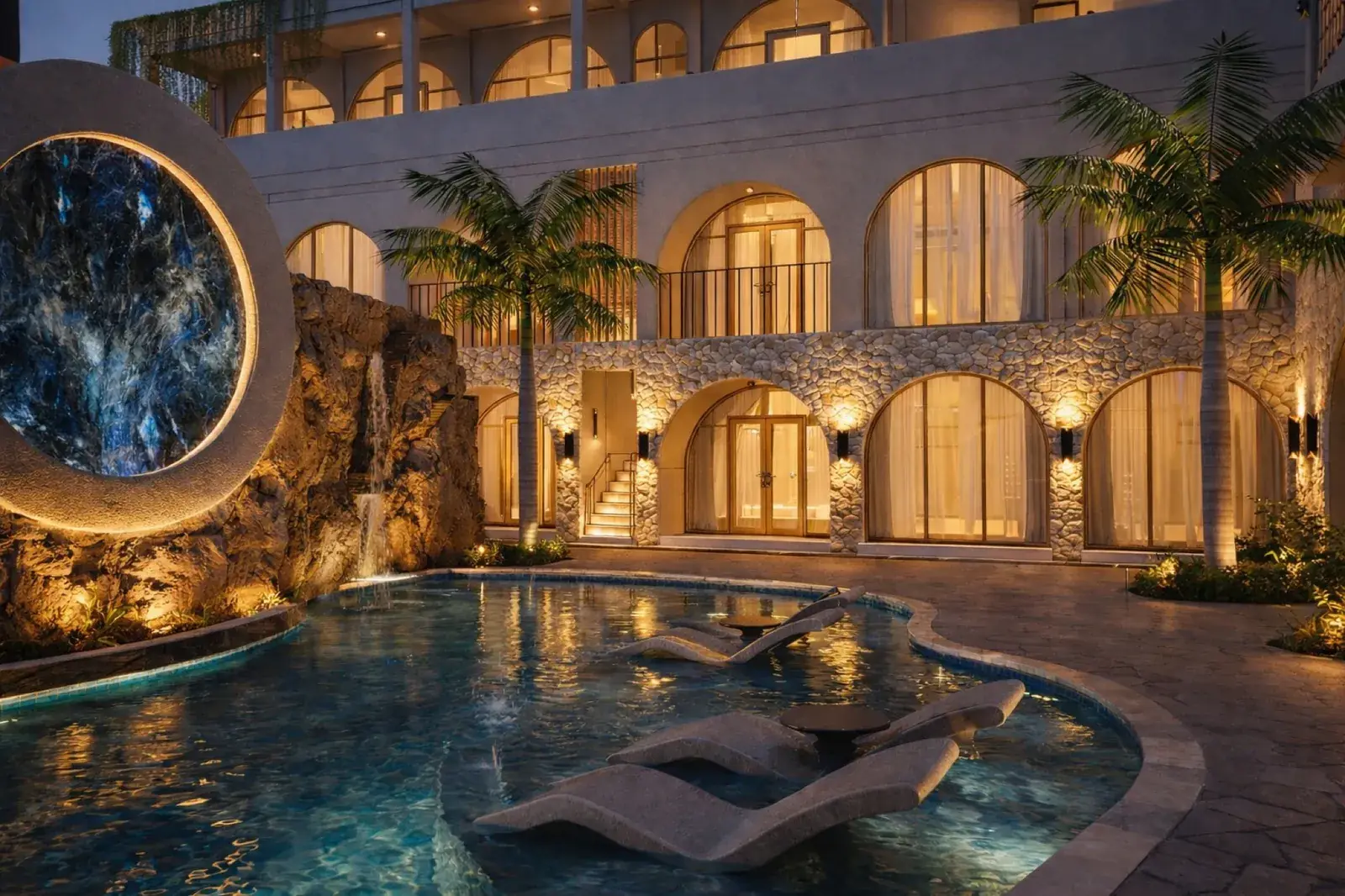 Courtyard pool with waterfall and marble feature at dusk