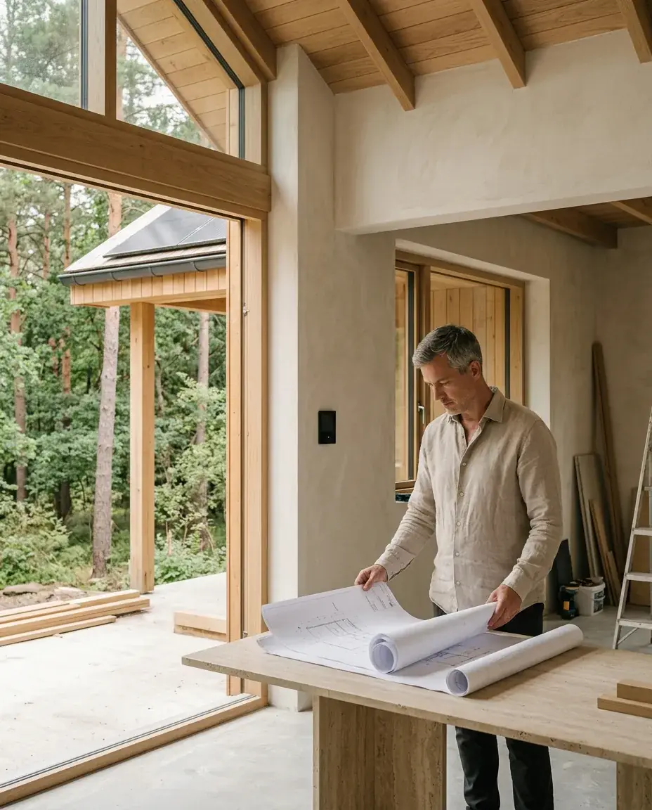 Architect reviewing blueprints in a timber-framed house