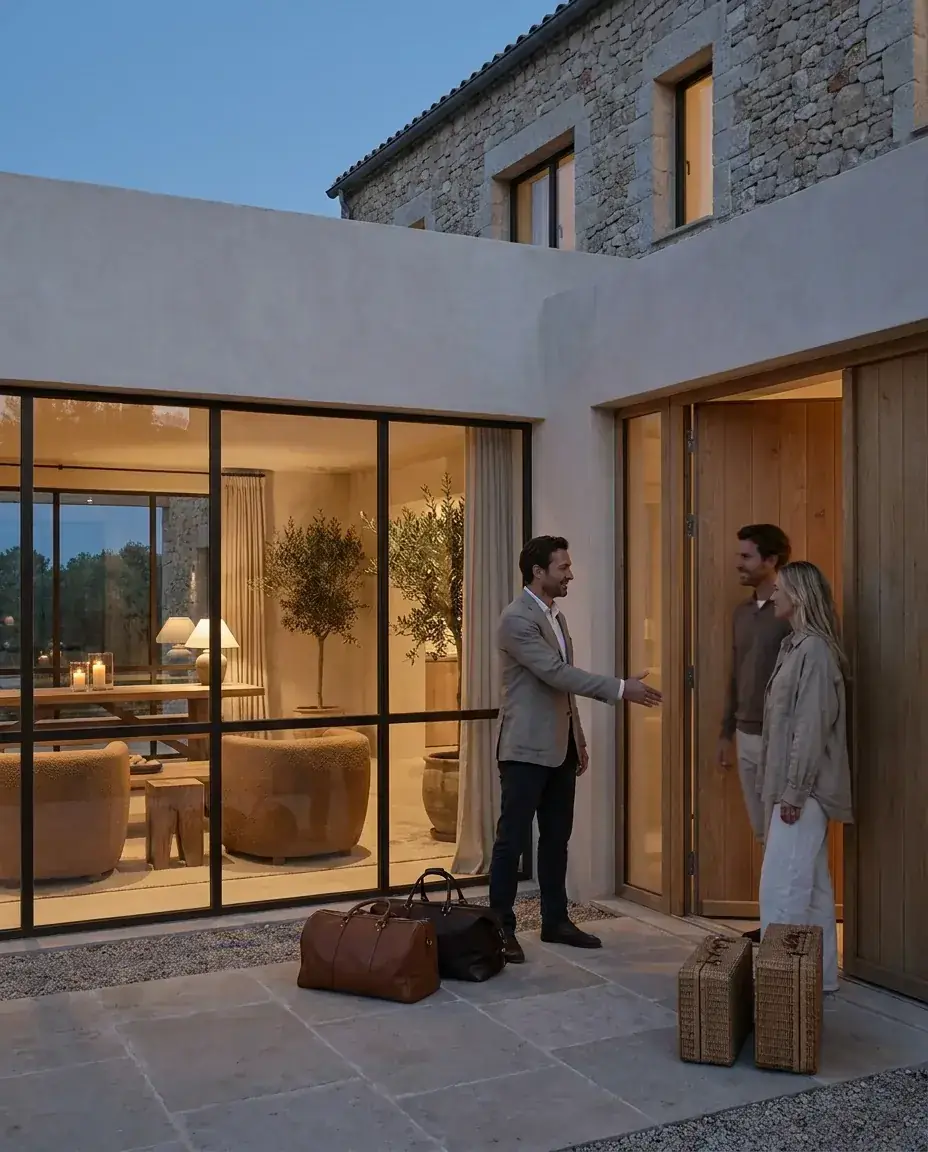 Host welcoming a couple at a stone house entrance