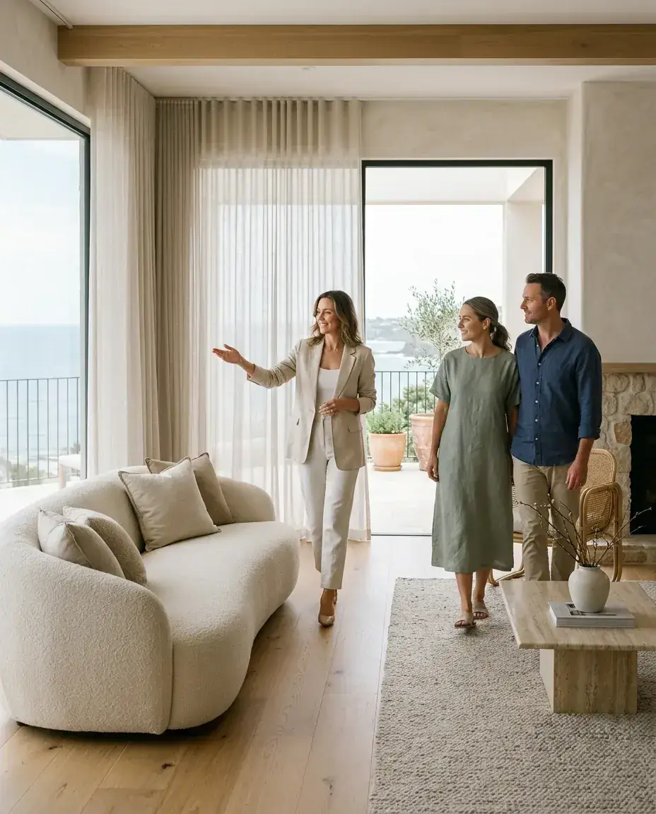 Agent guiding a couple through an ocean-view living room