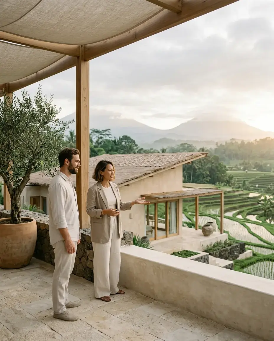 Agent presenting a hillside villa overlooking rice terraces